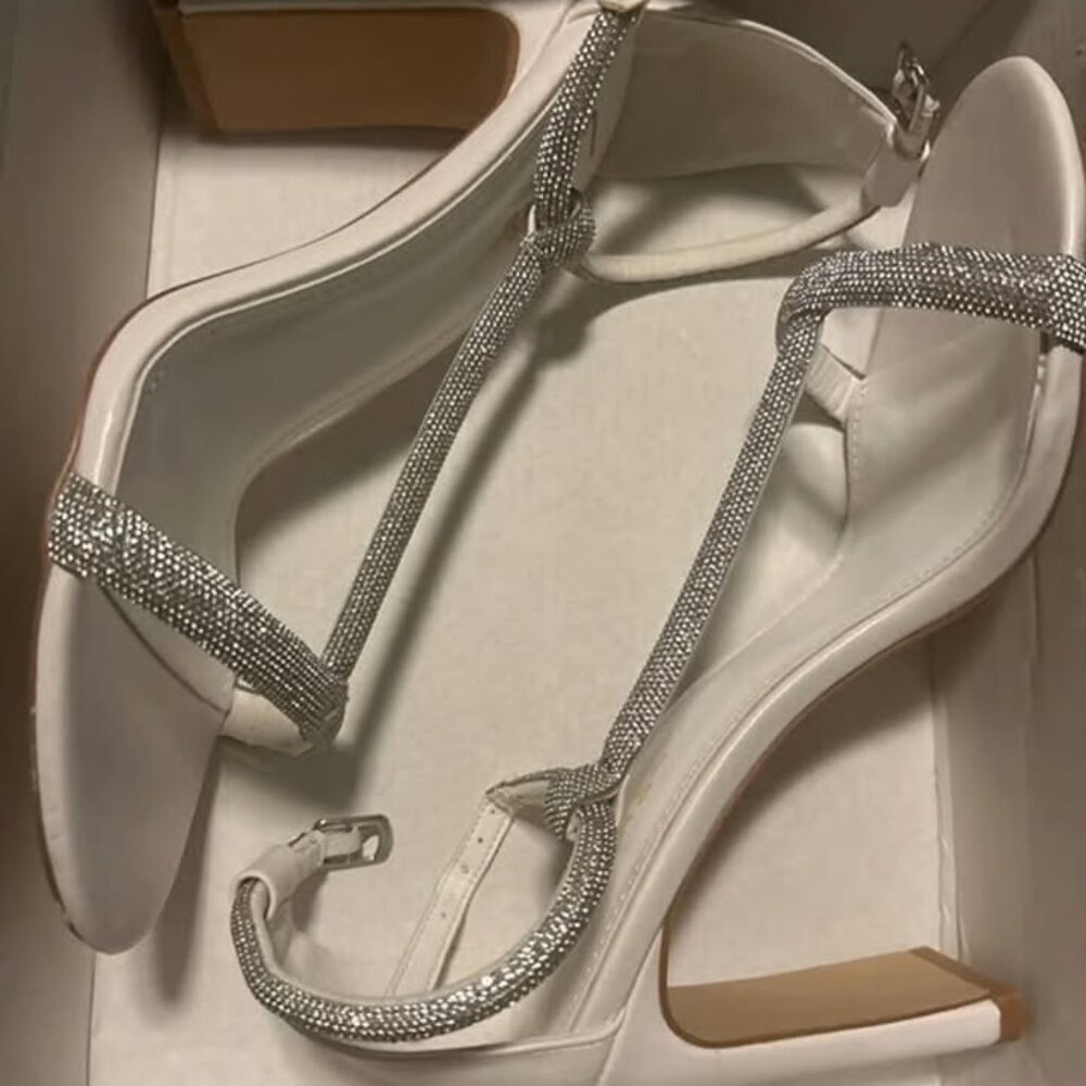 Lulus White Satin Rhinestone Ankle Strap Heels